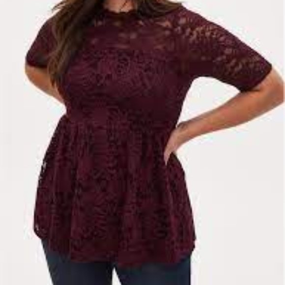 torrid Tops - Torrid Burgundy Lace Babydoll Top with Keyhole Back